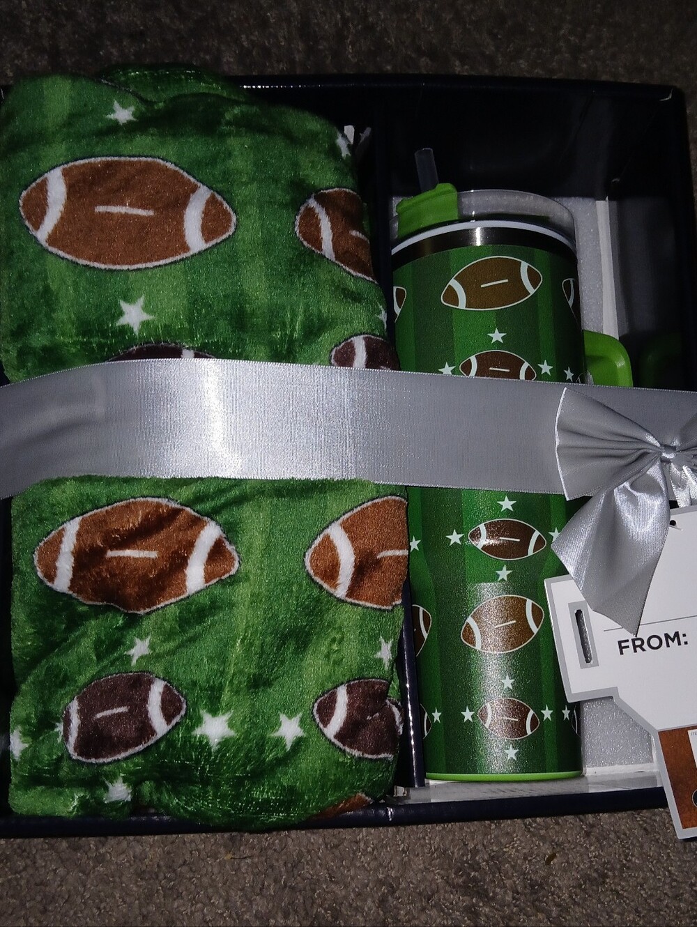 Football Print Green Throw Blanket and Tumbler Gift Set - Green